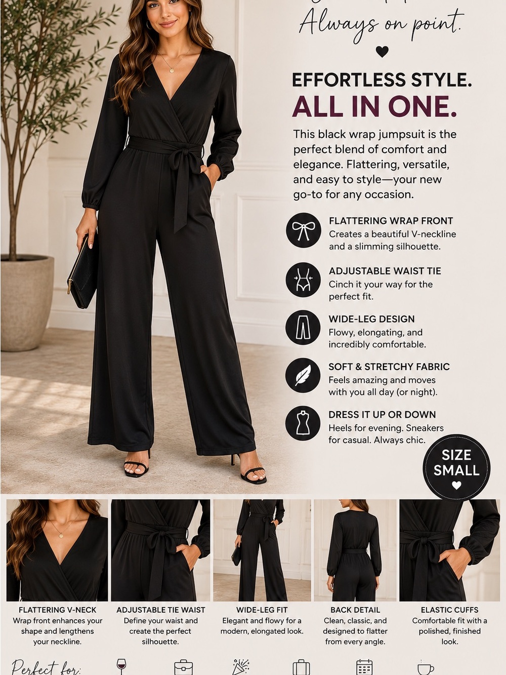 Black Wrap Front Wide-Leg Jumpsuit with Adjustable Waist